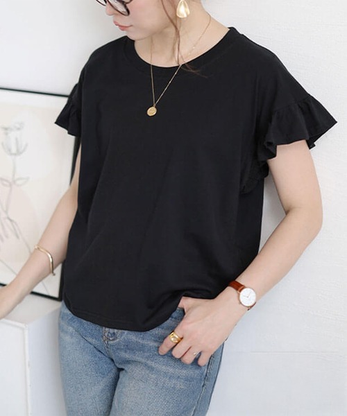 GOLDJAPAN(ゴールドジャパン)の「フリルフレンチスリーブコットンTシャツ【大きいサイズ対応】(Tシャツ/カットソー・レディース・オフホワイト/チャコールグレー/ブラック/ベージュ系/ミント・LL~3L/4L~5L)」の1枚目の写真