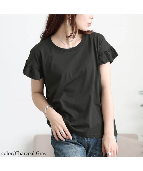 GOLDJAPAN(ゴールドジャパン)の「フリルフレンチスリーブコットンTシャツ【大きいサイズ対応】(Tシャツ/カットソー・レディース・オフホワイト/チャコールグレー/ブラック/ベージュ系/ミント・LL~3L/4L~5L)」の11枚目の写真