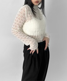 【LVEU.】パターンレースシアートップス / トップス シアー シアートップス 長袖 レース レイヤード プチハイネック ブラック アイボリー モード系