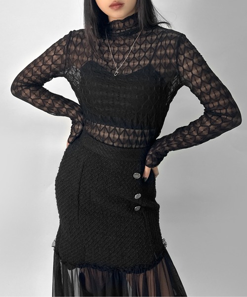 LVEU.(ラブユ.)の「【LVEU.】パターンレースシアートップス / トップス シアー シアートップス 長袖 レース レイヤード プチハイネック ブラック アイボリー モード系(Tシャツ/カットソー・レディース・アイボリー/ブラック・FREE)」の3枚目の写真