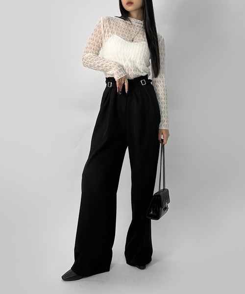 LVEU.(ラブユ.)の「【LVEU.】パターンレースシアートップス / トップス シアー シアートップス 長袖 レース レイヤード プチハイネック ブラック アイボリー モード系(Tシャツ/カットソー・レディース・アイボリー/ブラック・FREE)」の4枚目の写真