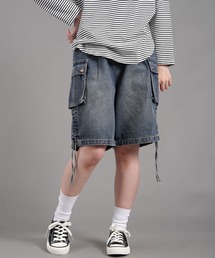 スラブデニム左右裾脇ルーシュカーゴハーフパンツ