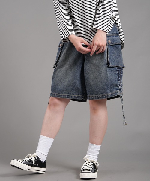 .WORKS（ドットワークス）の「スラブデニム左右裾脇ルーシュカーゴハーフパンツ（デニムパンツ・レディース・ブルー/ダークグレー・61/64）」の10枚目の写真