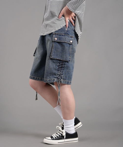 .WORKS（ドットワークス）の「スラブデニム左右裾脇ルーシュカーゴハーフパンツ（デニムパンツ・レディース・ブルー/ダークグレー・61/64）」の11枚目の写真