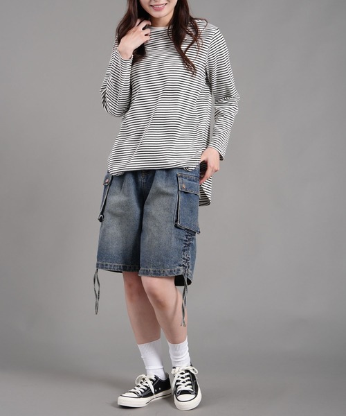 .WORKS（ドットワークス）の「スラブデニム左右裾脇ルーシュカーゴハーフパンツ（デニムパンツ・レディース・ブルー/ダークグレー・61/64）」の15枚目の写真