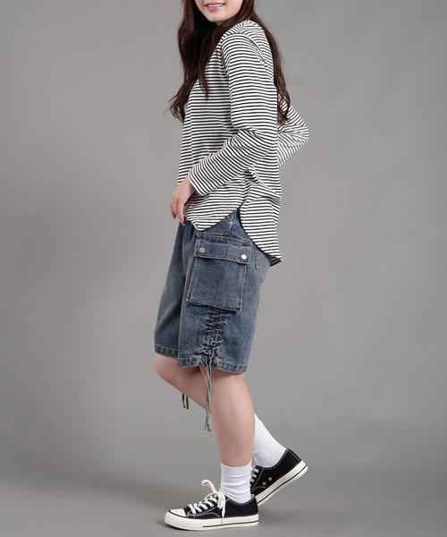 .WORKS（ドットワークス）の「スラブデニム左右裾脇ルーシュカーゴハーフパンツ（デニムパンツ・レディース・ブルー/ダークグレー・61/64）」の16枚目の写真