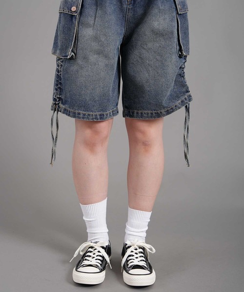 .WORKS（ドットワークス）の「スラブデニム左右裾脇ルーシュカーゴハーフパンツ（デニムパンツ・レディース・ブルー/ダークグレー・61/64）」の8枚目の写真