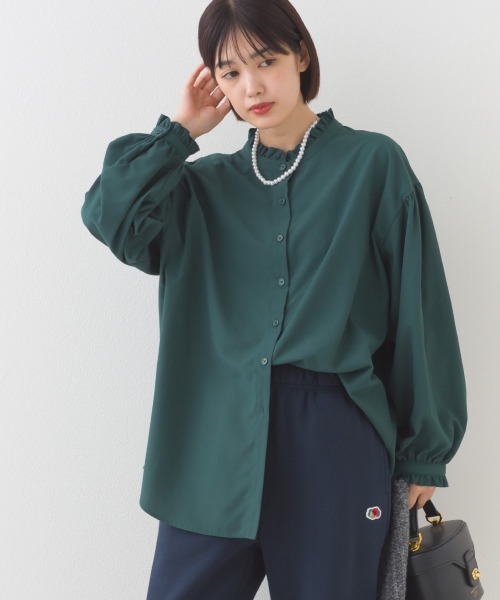 OMNES(オムネス)の「テックコットンフリル衿 袖シャツ長袖シャツブラウス(シャツ/ブラウス・レディース・ブラック/ネイビー系/ベージュ/ブルー系その他/イエロー/ホワイト/グリーン・FREE)」の4枚目の写真