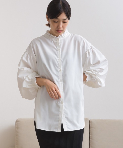 OMNES(オムネス)の「テックコットンフリル衿 袖シャツ長袖シャツブラウス(シャツ/ブラウス・レディース・ブラック/ネイビー系/ベージュ/ブルー系その他/イエロー/ホワイト/グリーン・FREE)」の8枚目の写真