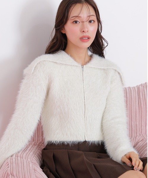 セール】◇ラメフェザービッグカラーニットブルゾン（ニット/セーター