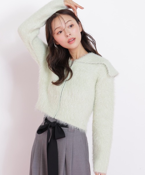 JILL by JILL STUART(ジルバイジルスチュアート)の「◇ラメフェザービッグカラーニットブルゾン(ニット/セーター・レディース・ホワイト/グリーン/グレー・FREE)」の3枚目の写真