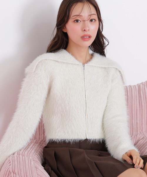 セール】◇ラメフェザービッグカラーニットブルゾン（ニット/セーター