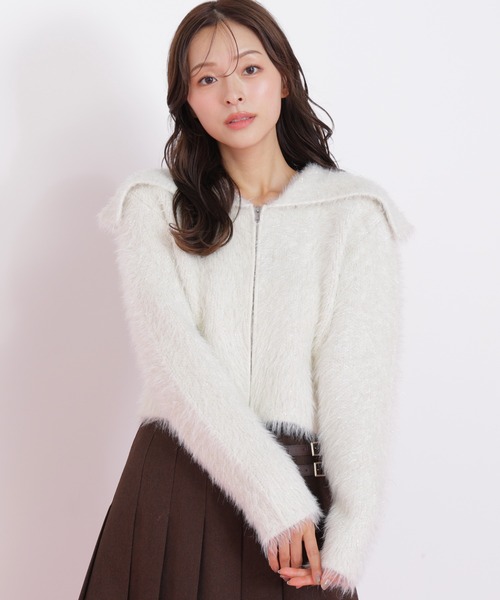 セール】◇ラメフェザービッグカラーニットブルゾン（ニット/セーター