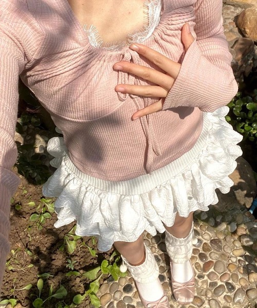 Nia（ニア）の「Nia(ニア)/フリルレイヤード　ティアードボリュームミニスカートパンツ（スカート・レディース・ブラック/ホワイト・LARGE/SMALL）」の9枚目の写真