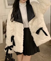 Mejoul | 【2025秋冬新作】リボンPU切り替え バイカラーフェイクファーコート(その他アウター)