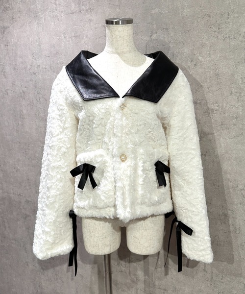 Mejoul（メジュール）の「【2025秋冬新作】リボンPU切り替え バイカラーフェイクファーコート（その他アウター・レディース・ホワイト・L/M）」の10枚目の写真