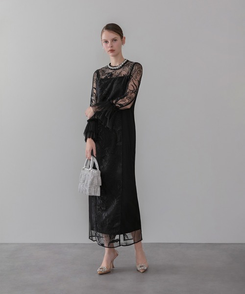 lejaフラワーレース襟のブラックドレス セール】【LEJA】フラワーレースシアーフリルマーメイドドレス