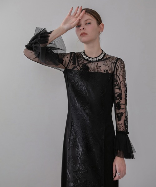 フラワーレースジュエルカラーIラインワンピースドレス結婚式二次会成人式パーティー セール】【LEJA】フラワーレースジュエルカラーIラインワンピース