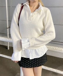 見せかけシャツ付ニットトップス