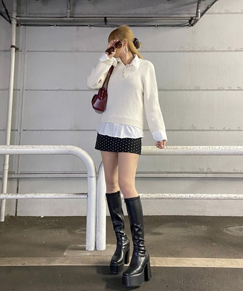 non-hedge(ノンヘッジ)の「見せかけシャツ付ニットトップス(ニット/セーター・レディース・ネイビー/オフホワイト/グレー・FREE)」の4枚目の写真