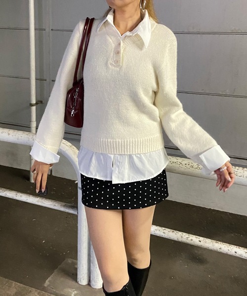 non-hedge(ノンヘッジ)の「見せかけシャツ付ニットトップス(ニット/セーター・レディース・ネイビー/オフホワイト/グレー・FREE)」の6枚目の写真
