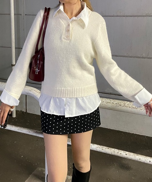non-hedge(ノンヘッジ)の「見せかけシャツ付ニットトップス(ニット/セーター・レディース・ネイビー/オフホワイト/グレー・FREE)」の7枚目の写真