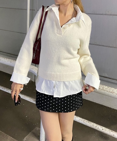 non-hedge(ノンヘッジ)の「見せかけシャツ付ニットトップス(ニット/セーター・レディース・ネイビー/オフホワイト/グレー・FREE)」の8枚目の写真
