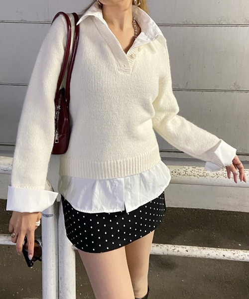non-hedge(ノンヘッジ)の「見せかけシャツ付ニットトップス(ニット/セーター・レディース・ネイビー/オフホワイト/グレー・FREE)」の9枚目の写真