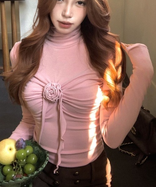 セール】フロント立体花ハイネックカットソー（Tシャツ/カットソー