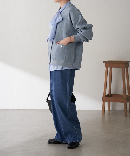 COLLAGE GALLARDAGALANTE（コラージュガリャルダガランテ）の「ツヤボタンカーディガン/WEB限定カラー展開（カーディガン/ボレロ・レディース・ネイビー/オレンジ/サックスブルー・FREE）」の17枚目の写真