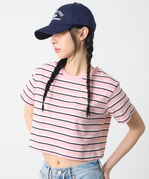 UNKNOWN PLANET（アンノウンプラネット）の「ストライプクロップTシャツピンク（Tシャツ/カットソー・レディース・その他・FREE）」の4枚目の写真