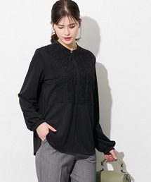 高身長 レース付きバンドカラーブラウス(トールサイズ)