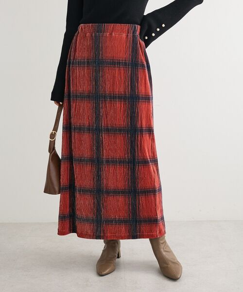 Green Parks(グリーンパークス)の「楊柳ベロアチェックIラインスカート(スカート・レディース・ネイビー/レッド/ベージュ/ブラック・FREE)」の4枚目の写真