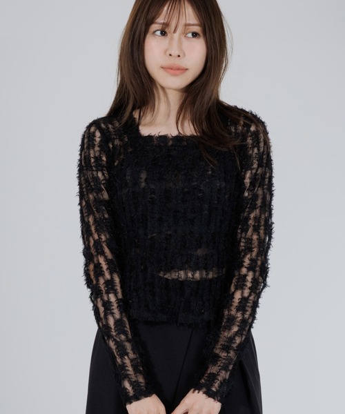 SENEE(セニー)の「feather lace square neck tops(フェザーレーススクエアネックトップス)(Tシャツ/カットソー・レディース・ブラック/アイボリー・FREE)」の1枚目の写真