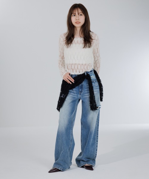 SENEE(セニー)の「feather lace square neck tops(フェザーレーススクエアネックトップス)(Tシャツ/カットソー・レディース・ブラック/アイボリー・FREE)」の20枚目の写真