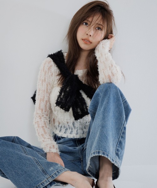 SENEE(セニー)の「feather lace square neck tops(フェザーレーススクエアネックトップス)(Tシャツ/カットソー・レディース・ブラック/アイボリー・FREE)」の21枚目の写真