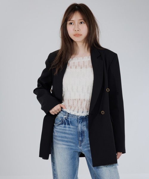 SENEE(セニー)の「feather lace square neck tops(フェザーレーススクエアネックトップス)(Tシャツ/カットソー・レディース・ブラック/アイボリー・FREE)」の12枚目の写真