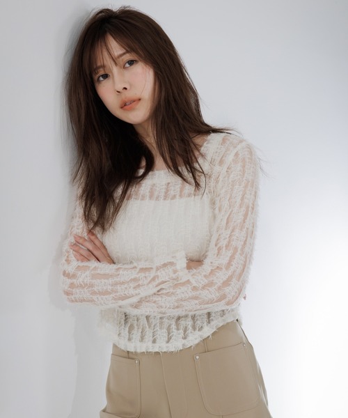 SENEE(セニー)の「feather lace square neck tops(フェザーレーススクエアネックトップス)(Tシャツ/カットソー・レディース・ブラック/アイボリー・FREE)」の8枚目の写真