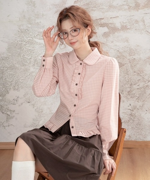gossip！ロサンゼルス（ゴシップロサンゼルス）の「【Y2Kガーリー】レトロ ウエストシェイプ 長袖ブラウス/シャツ（シャツ/ブラウス・レディース・ピンク/ブラック・M）」の10枚目の写真