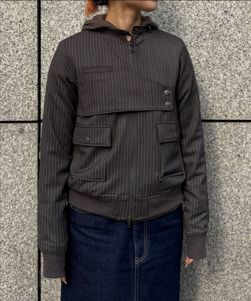 Oriens JOURNAL STANDARD（オリエンス ジャーナルスタンダード）の「ストライプバイカージャケット（その他アウター・レディース・ネイビー/グレー・FREE）」の4枚目の写真