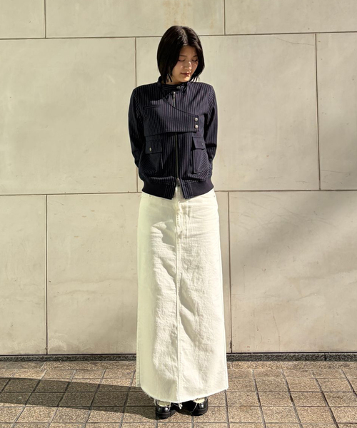 Oriens JOURNAL STANDARD（オリエンス ジャーナルスタンダード）の「ストライプバイカージャケット（その他アウター・レディース・ネイビー/グレー・FREE）」の9枚目の写真