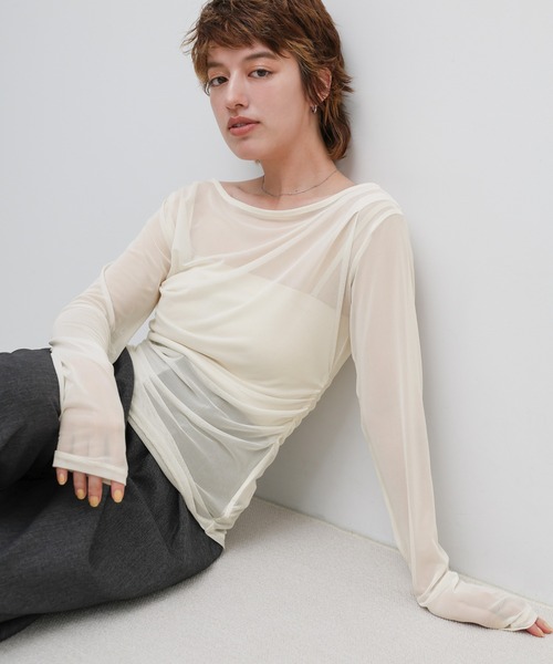 select MOCA(セレクトモカ)の「シアーメッシュサイドドレープトップス(Tシャツ/カットソー・レディース・ブラック/アイボリー/グレー・FREE)」の3枚目の写真
