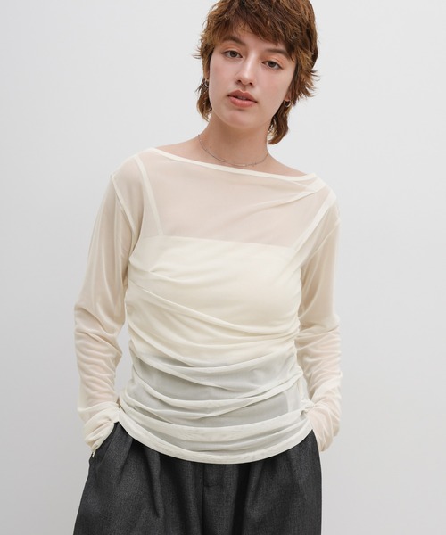 select MOCA(セレクトモカ)の「シアーメッシュサイドドレープトップス(Tシャツ/カットソー・レディース・ブラック/アイボリー/グレー・FREE)」の13枚目の写真