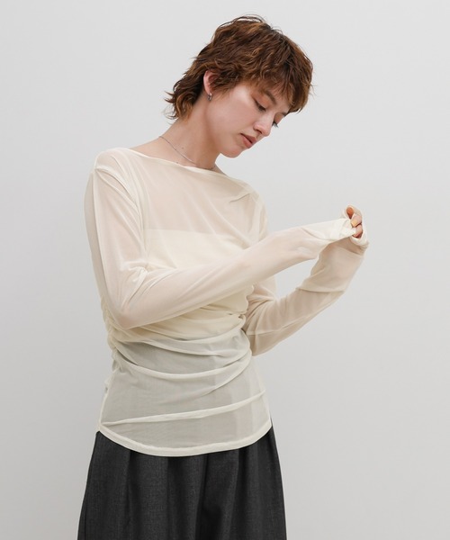 select MOCA(セレクトモカ)の「シアーメッシュサイドドレープトップス(Tシャツ/カットソー・レディース・ブラック/アイボリー/グレー・FREE)」の12枚目の写真