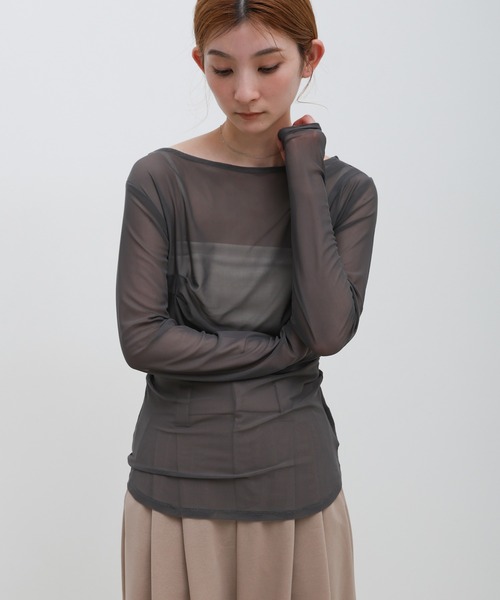 select MOCA(セレクトモカ)の「シアーメッシュサイドドレープトップス(Tシャツ/カットソー・レディース・ブラック/アイボリー/グレー・FREE)」の20枚目の写真