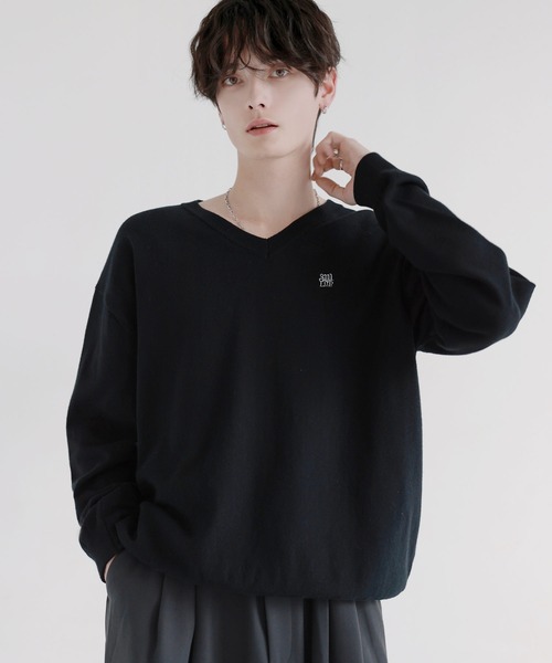 Vネック/クルーネックワンポイントロゴハイゲージコットンミックス