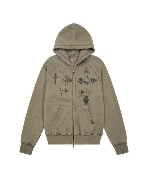 セール】Pigment Dyed Cross Zip-Up Hoodie (Brown)（パーカー