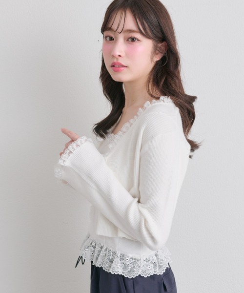 OLIVE des OLIVE（オリーブデオリーブ）の「袖レース配色カーデ（カーディガン/ボレロ・レディース・オフホワイト/サックスブルー/ブラック/ピンク・FREE）」の20枚目の写真