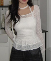 Vini（ヴィニ）の「シャーリングレース タイ付きペプラムブラウス（Tシャツ/カットソー）」