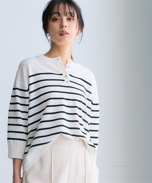 nissen(ニッセン)の「さらっとかるい綿混ヘンリーネック7分袖ニットトップス【接触冷感・毛玉になりにくい・洗濯機で洗える・UVカット】(ニット/セーター・レディース・ブラック/ホワイト×ブラック/サックスブルー/グレー/モカ・S/M/L/LL/3L)」の8枚目の写真